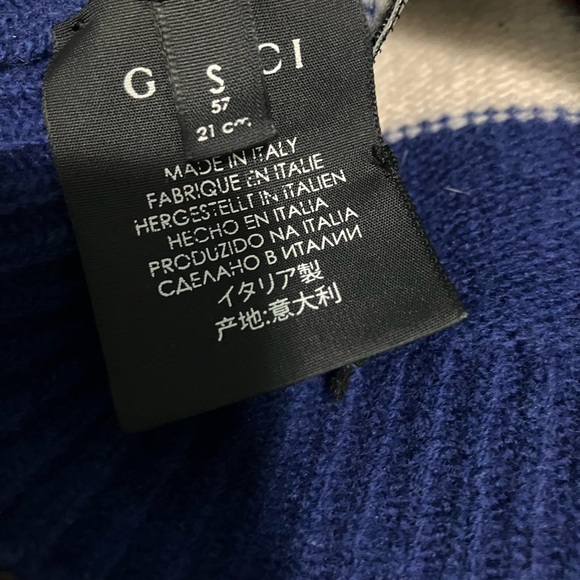 Gucci Blue/White Striped Wool Knit Beanie Hat with Tiger Head M/58 500929 4278 - Picture 4 of 4